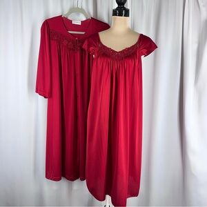 Vintage 80s/90s Peignoir Red Shadow Line Mid Length Nightgown And Robe Set EUC